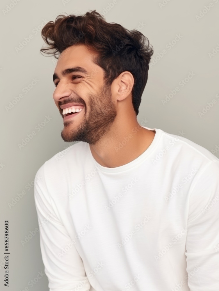 Fototapeta premium Happy european man in casual clothing against a neutral background
