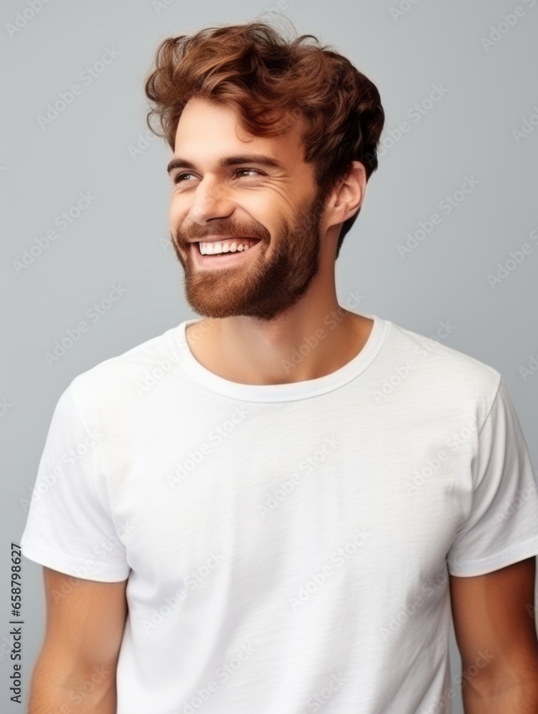 Obraz premium Happy european man in casual clothing against a neutral background