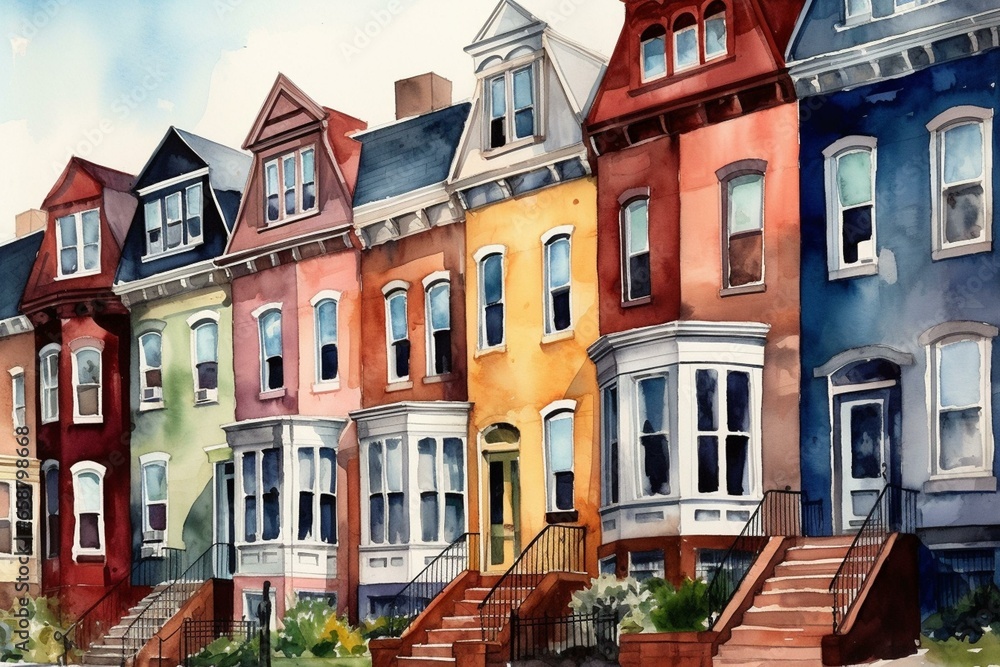 Charming row houses, residences, watercolor. Generative AI