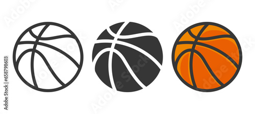 Vector Cartoon Basketball Set Closeup Isolated. Black and White and Color Basketball Sports Ball, Design Templates for Logo, Basketball Sports Equipment