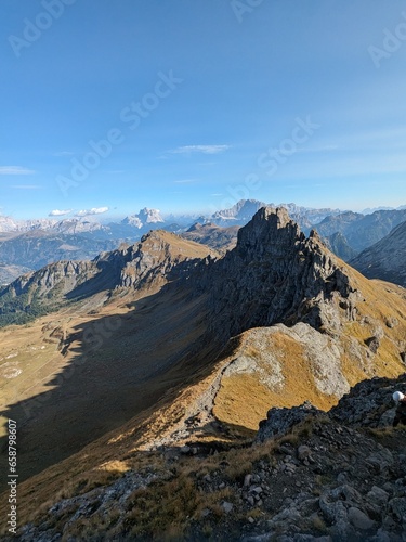 Beautiful landscape of Italian dolomites-with mountain meadows,lakes and rocky and sharp mountain tops,Dolomite Alps mountains, Trentino Alto Adige region, Sudtirol, Dolomites, Italy