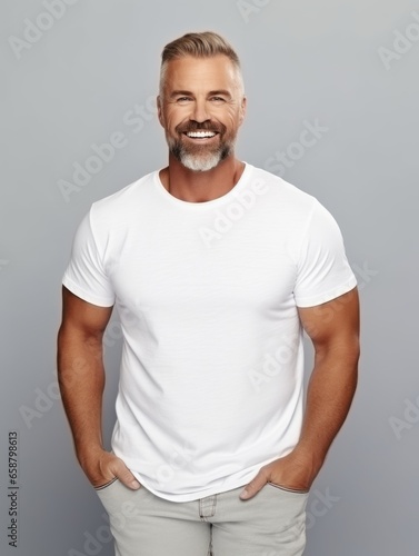 Happy european man in casual clothing against a neutral background