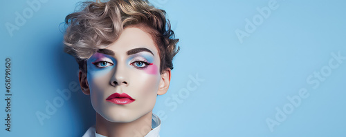 Portrait of a young man with creative makeup on flat blue background with copy space. Male makeup, transgender, LGBT, freedom and creativity. 