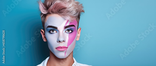 Portrait of a young man with creative makeup on flat blue background with copy space. Male makeup, transgender, LGBT, freedom and creativity.  photo