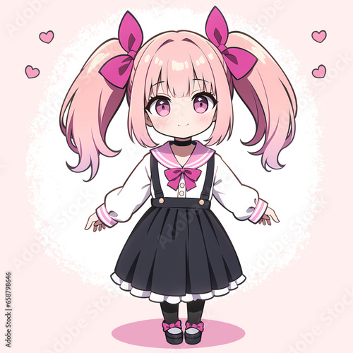 Cute anime girl with pink hair wearing a black skirt standing in front of a pink background