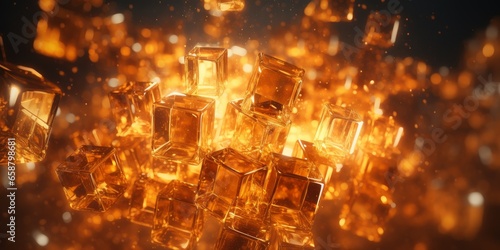 Cubic abstract composition in golden shades, bright glass cubes on a golden background, abstract background, glowing wallpaper for the website. © Anton