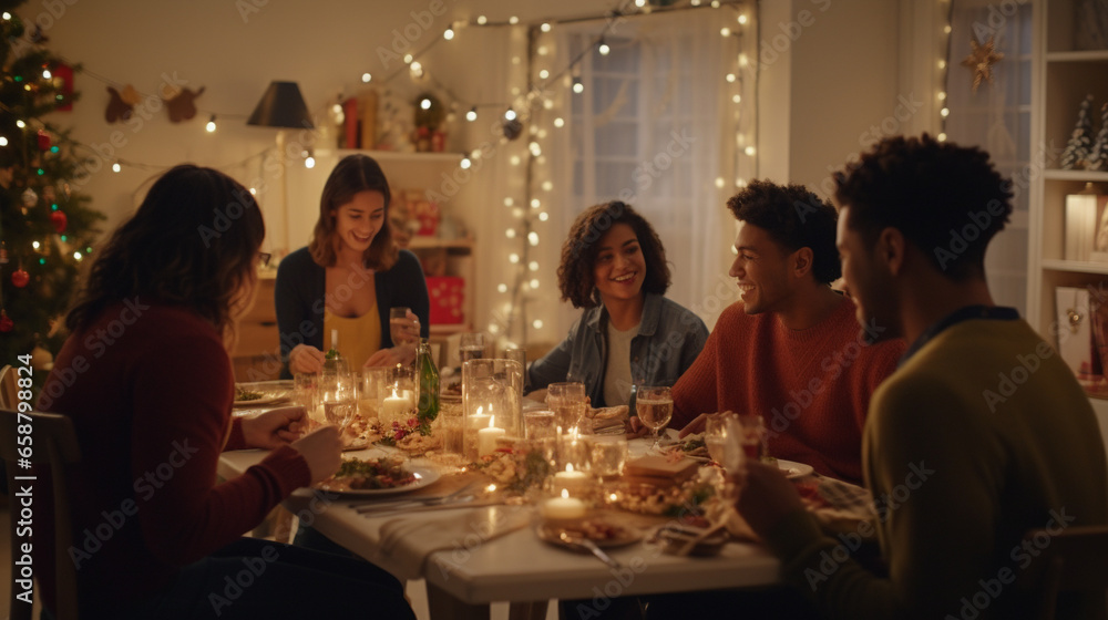 Family gathering at festive table and celebrating Christmas together at home. AI Generative - obrazy, fototapety, plakaty 