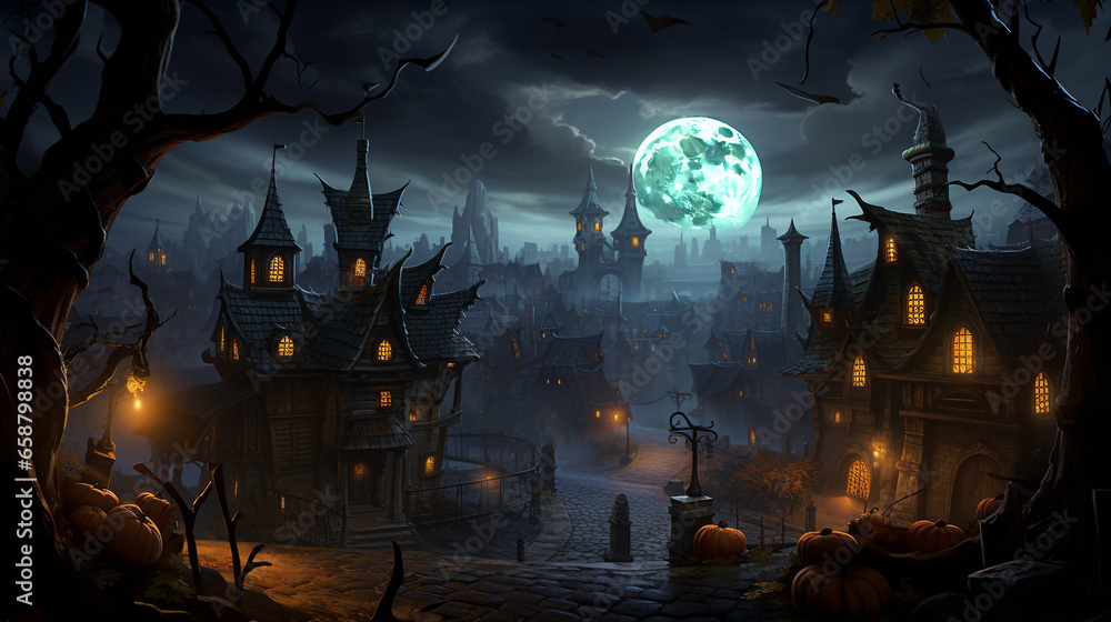 Halloween moonlit night with pumpkins decorations outside of spooky houses. AI Generative