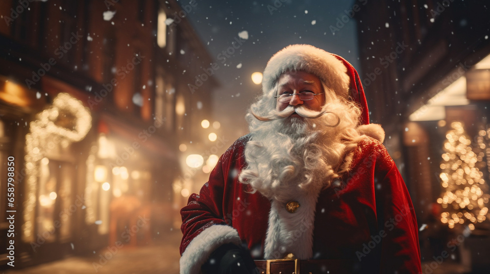 Smiling senior Santa Claus on snowy Xmas night on background of decorated houses. Generative Ai