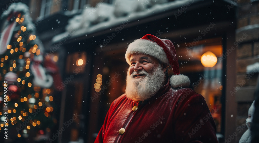 Obraz premium Smiling senior Santa Claus on snowy Xmas night on background of decorated house. Generative Ai