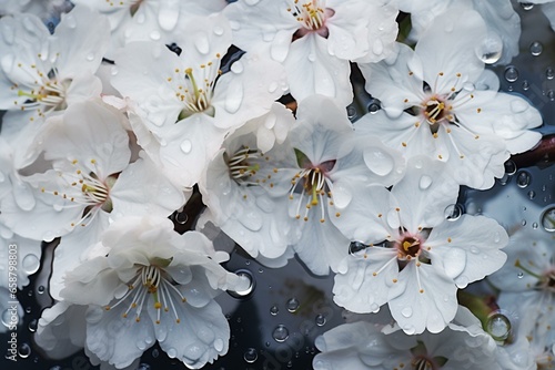 Close-up of water-drenched white cherry blossoms. Generative AI