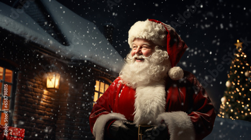 Smiling senior Santa Claus on snowy Xmas night on background of decorated house. Generative Ai © Yaroslav Astakhov