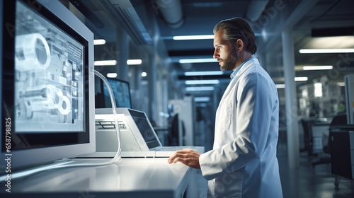 Scientist engineer in white coat standing near technical device with screen. Generative AI