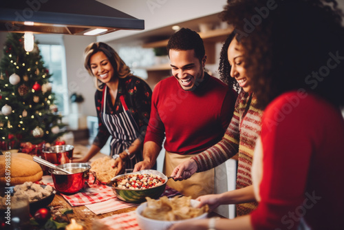 Family preparing traditional Christmas Eve dinner together in cozy homely atmosphere. AI Generative