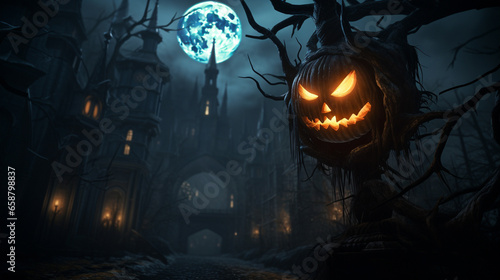 Halloween night with pumpkins decorations outside of spooky houses. AI Generative