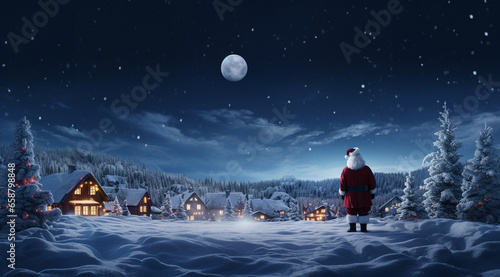 Back view of Santa Claus standing on Christmas moonlit night and looking on city. AI Generative