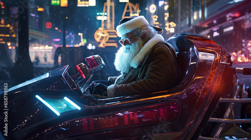 Senior Santa Claus in modern sleighs is driving on background of night city. AI Generative © Yaroslav Astakhov
