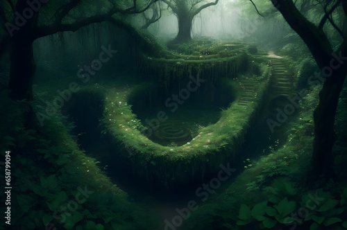 A lush, overgrown labyrinth within the heart of a dense forest photo
