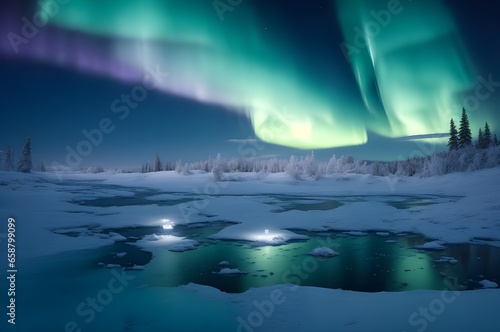 A frozen tundra illuminated by the shimmering lights of the aurora