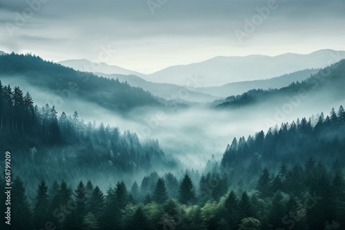 Misty mountains, foggy landscape, fir forest with space for text. Generative AI