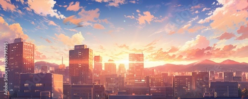 Beautiful anime-style illustration of a city skyline at golden hour
