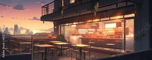 Beautiful anime-style illustration of a cafe at golden hour