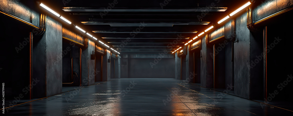 Futuristic studio stage dark room. Underground warehouse garage. Neon led laser glowing orange on concrete tiled floor	

