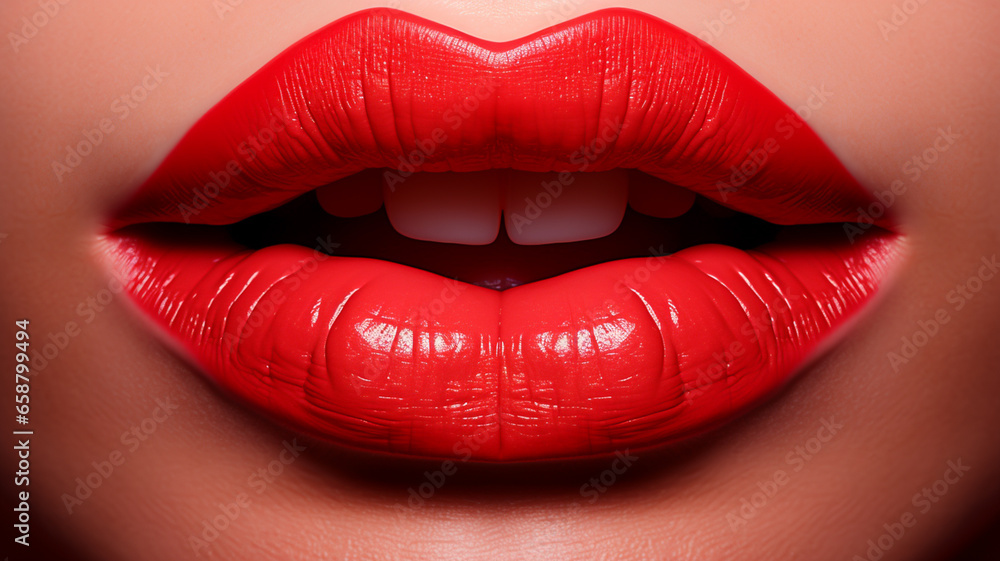 Obraz premium Lipstick on lips of model, close up of face, concept of marketing and promotion of beauty and cosmetic products