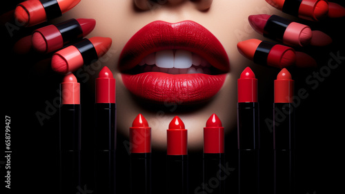 Lipstick on lips of model, close up of face, concept of marketing and promotion of beauty and cosmetic products