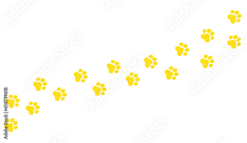 Isolated trail of yellow footprints (comics silhuoette shapes), a cat walking on a path, going from left to right.
