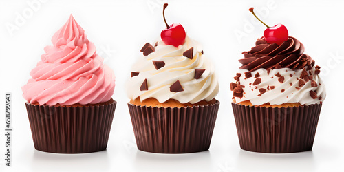 different cupcakes with cream on white background