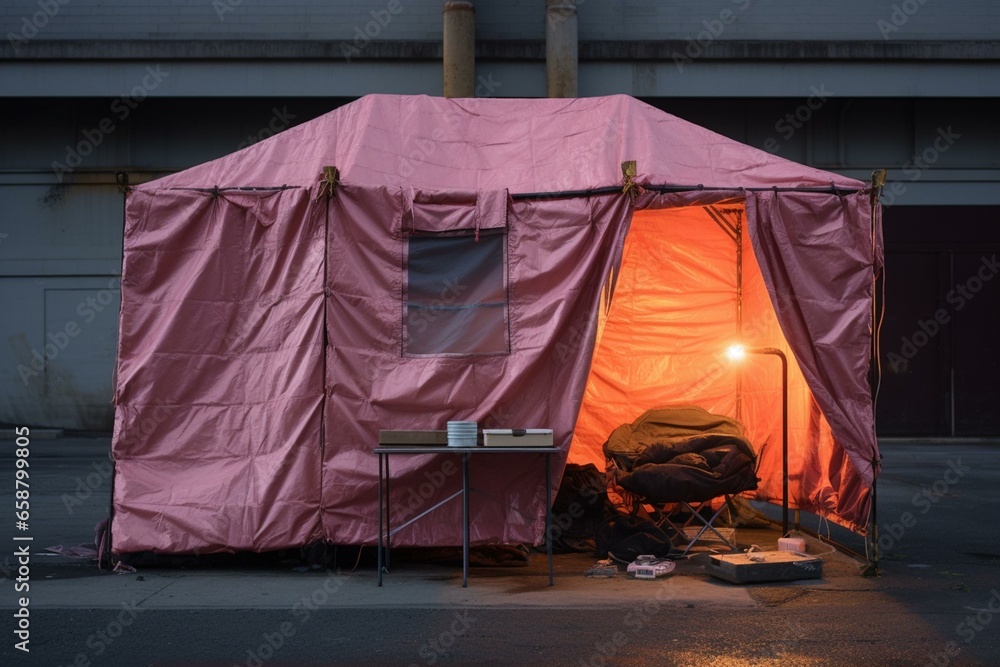 a temporary shelter on an urban road. Generative AI - obrazy, fototapety, plakaty 