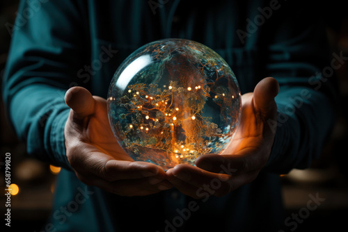 A person holding a world globe, symbolizing the interconnectedness of all living beings on Earth. Concept of global unity. Generative Ai.