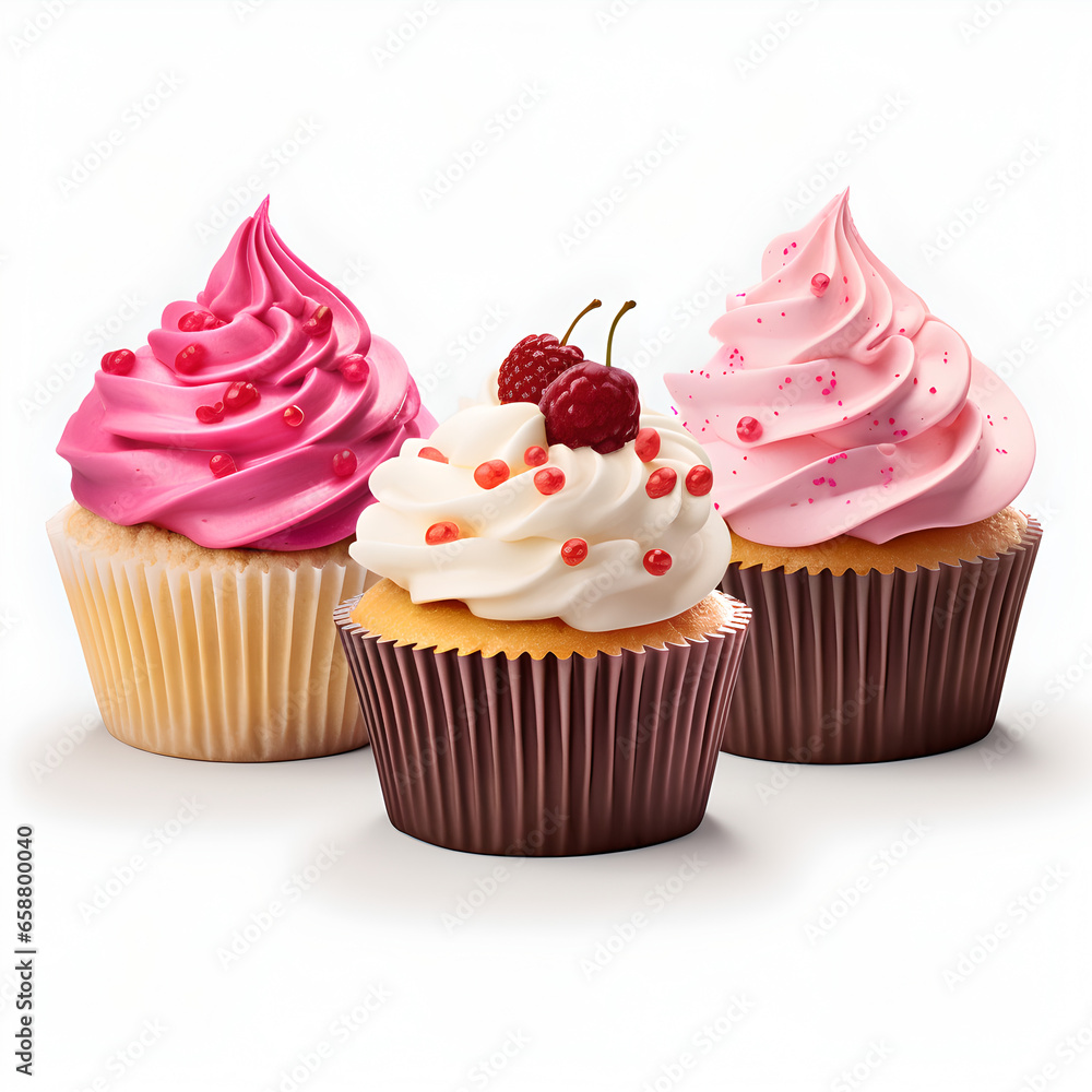 different cupcakes with cream on white background different cupcakes with cream on white background