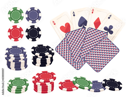 Poker chips with playing card for casino vector illustration isolated on white background