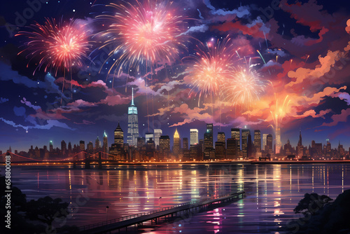 Sparkling Night, Fireworks Illuminate New York City Skyline