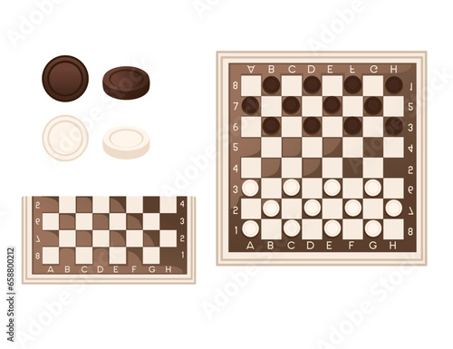 Classic checkers with folding board-box vector illustration isolated on white background