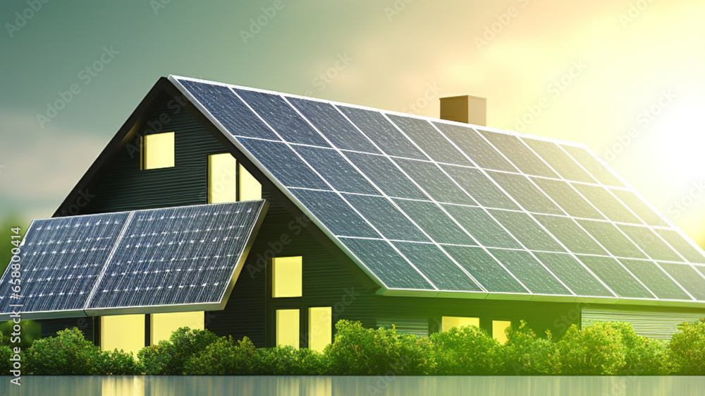 Fototapeta premium Green House energy, solar energy panels. Environmental, Social, Ecology concept