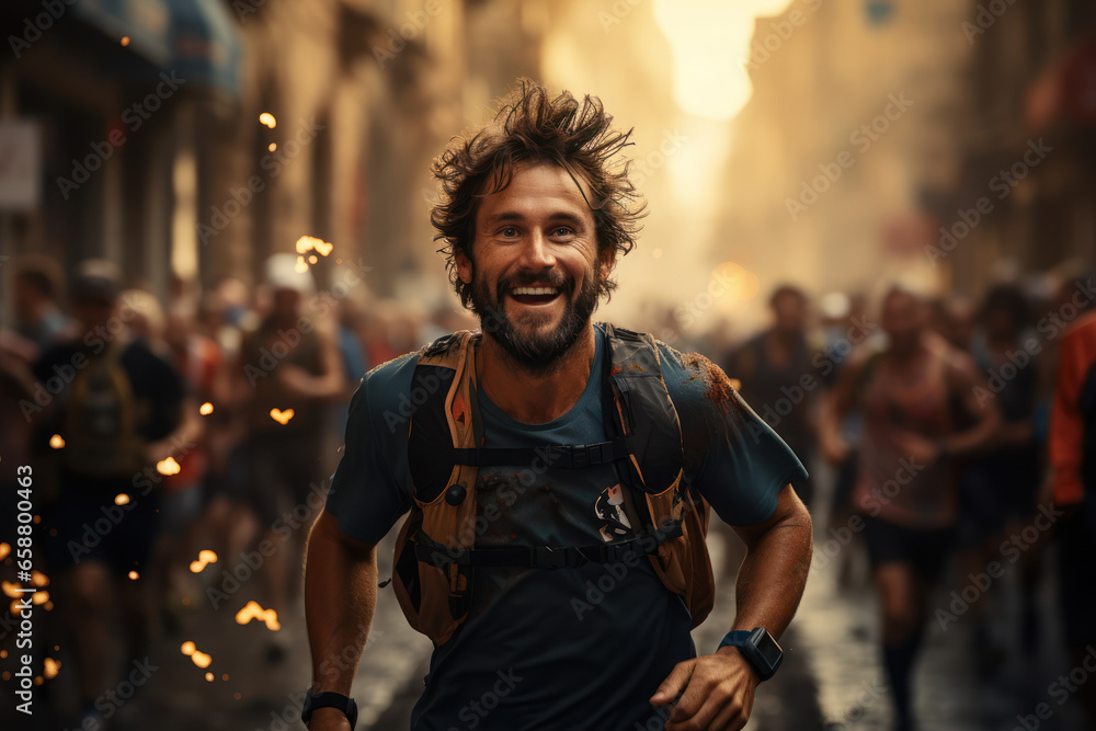 A runner completing a marathon, showcasing the power of setting and achieving personal goals. Concept of determination. Generative Ai. A runner completing a marathon, showcasing the power of setting and achieving personal goals. Concept of determination. Generative Ai.