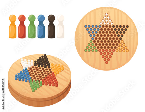 Chinese checkers with round wooden board vector illustration isolated on white background