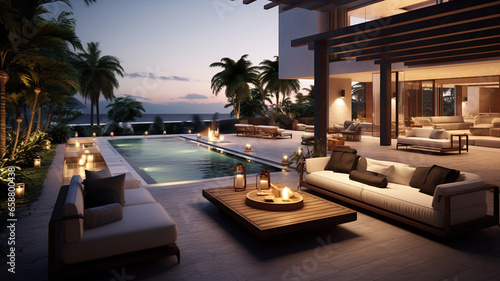 Luxury patio lounge area to chill and relax with couches outside of luxury villa © Artofinnovation