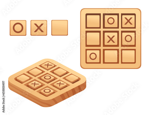 Tic tac toe in wooden board vector illustration isolated on white background