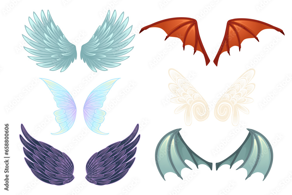 Set of Magic scary,demon, angel and fairy wings cartoon style vector illustration isolated on white background Set of Magic scary,demon, angel and fairy wings cartoon style vector illustration isolated on white background