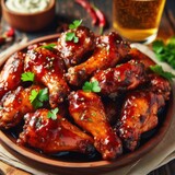 Chicken wings with a side of sauce and a glass of beer.