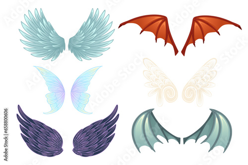 Set of Magic scary,demon, angel and fairy wings cartoon style vector illustration isolated on white background