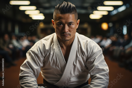 A martial arts instructor instilling the values of respect, courtesy, and humility in students, transcending the physical aspects of martial arts. Concept of martial arts philosophy. Generative Ai.