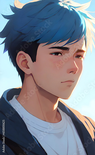 Anime male man with blue hair. Blue hair anime boy Manga style, anime style, japanese cartoon. Anime Avatar Young Man Online Identity Profile Virtual Gaming.