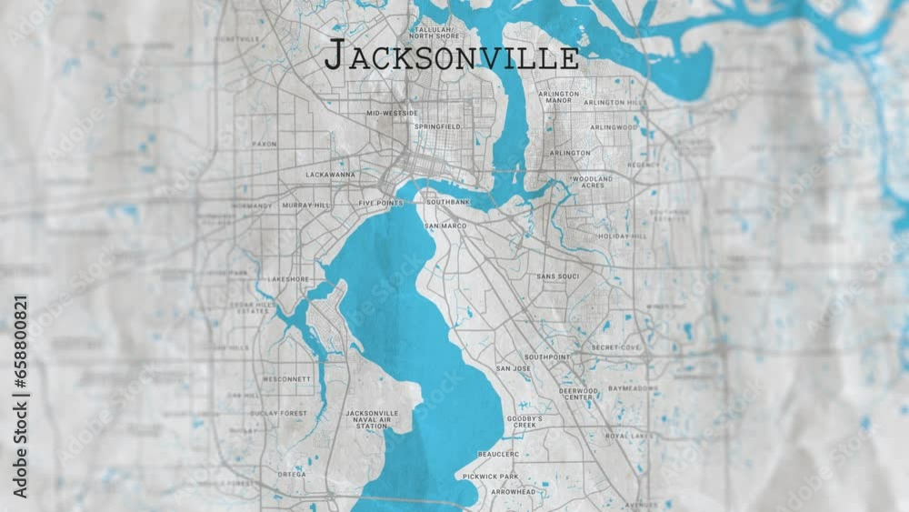 Jacksonville, USA Paper Travel Map, Slider Shot Jacksonville, USA Paper Travel Map, Slider Shot