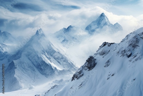 Scenic winter mountains covered in snow. Generative AI