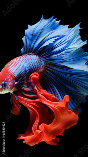 Betta fish. Colorful fighting Siamese fish with beautiful silk tail isolated on black. Amazing exotic tropical ocean fish 